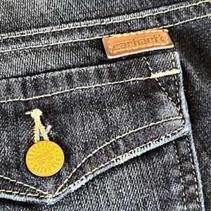 Carhartt Womens Capri Jeans Curvy Fit Dark Stonewashed Blue Leather Patch Cuffed